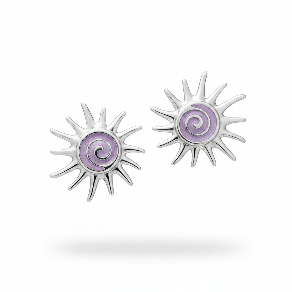 Orecchini sole argento smalto porpora lilla metallizzato