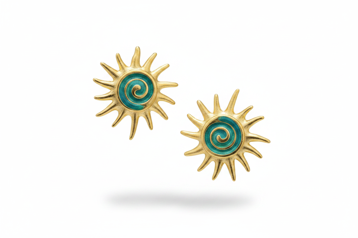 Orecchini sole oro smalto verde acqua – coppia