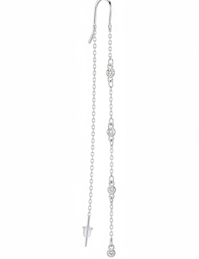 Orecchino threader argento – catenina sinistra liscia, destra 4 diamanti