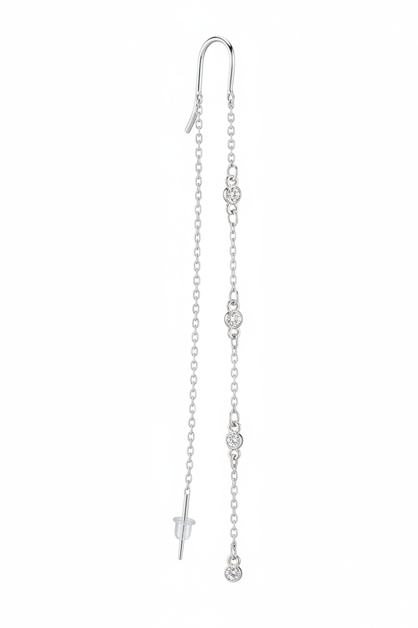 Orecchino threader argento – catenina sinistra liscia, destra 4 diamanti