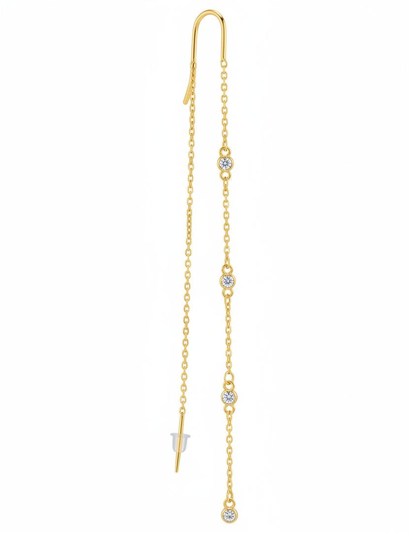 Orecchino threader oro – catenina sinistra liscia, destra 4 diamanti