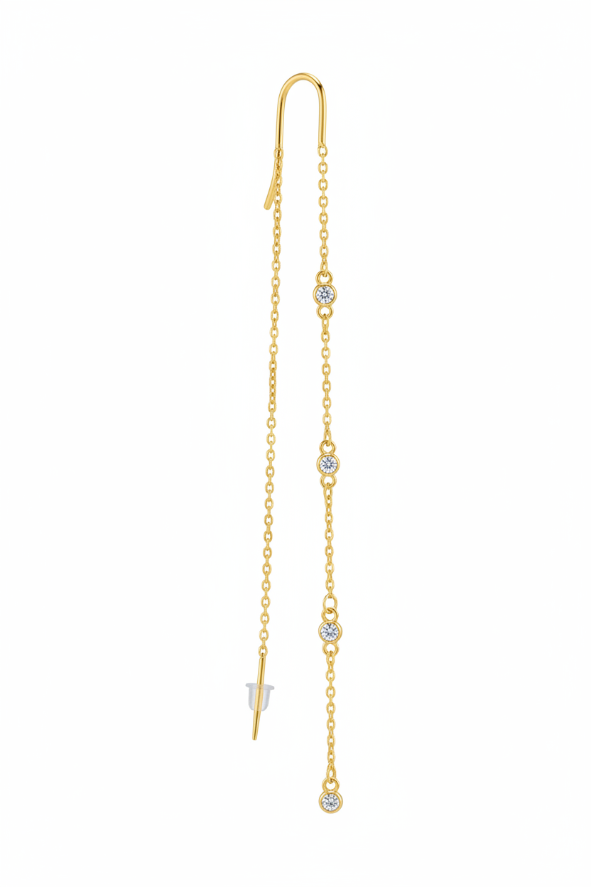 Orecchino threader oro – catenina sinistra liscia, destra 4 diamanti