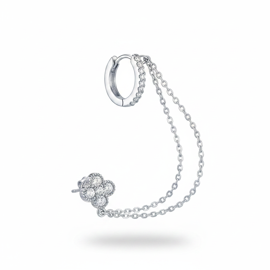 Quadrifoglio + huggie catena argento - frontale