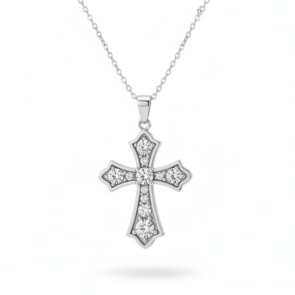 Silver Cross Necklace - White Background