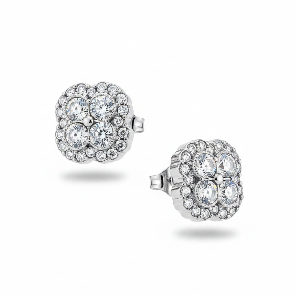 Silver cushion cluster stud earrings
