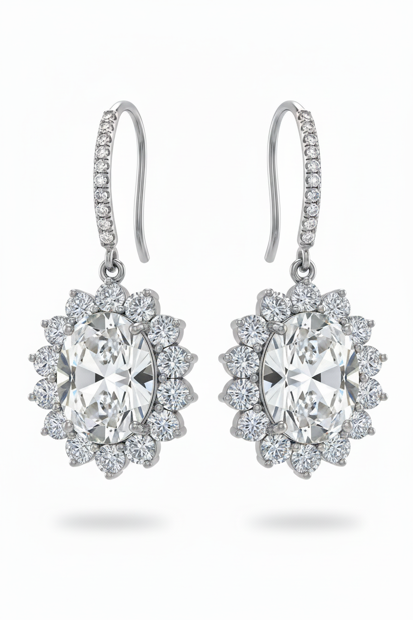 Silver oval halo shepherd hook earrings