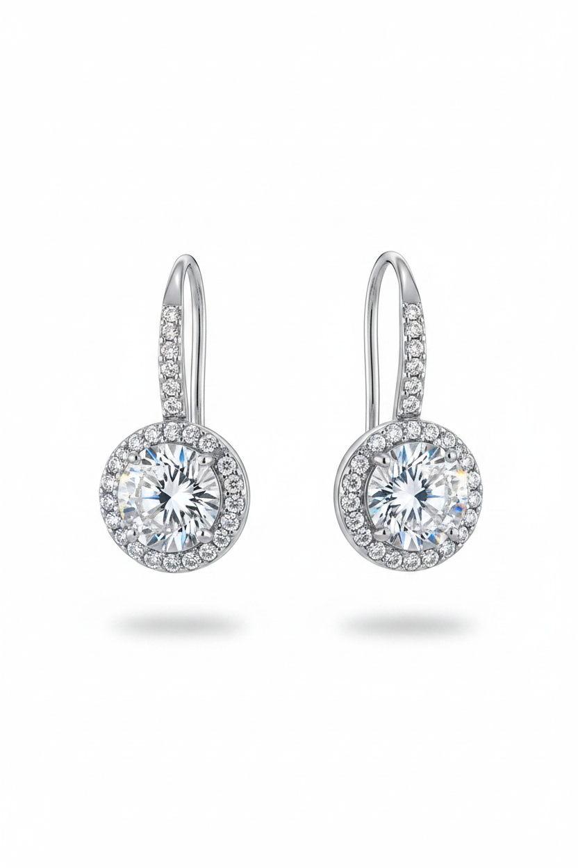Silver pavé hook round halo earrings