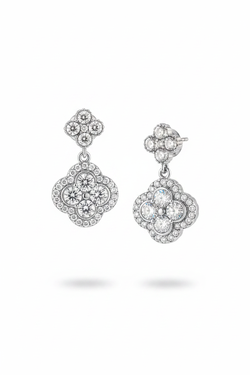 Silver two-tier clover drop earrings